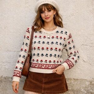 Vintage Spring Easter Floral Knit Sweater with Teal and Fuchsia Accents